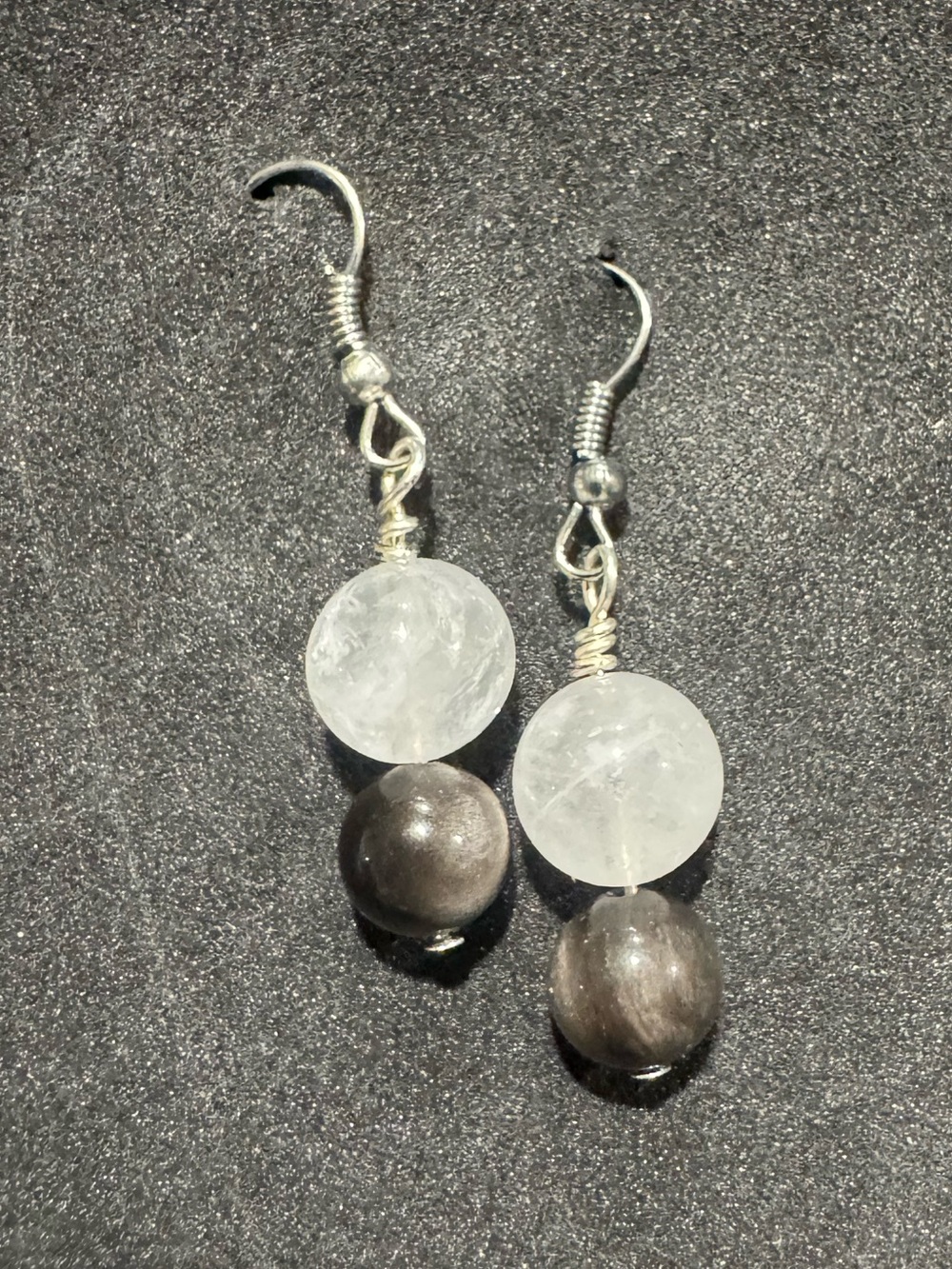 Clear Quartz and silver obsidian Stone Dangle Earrings